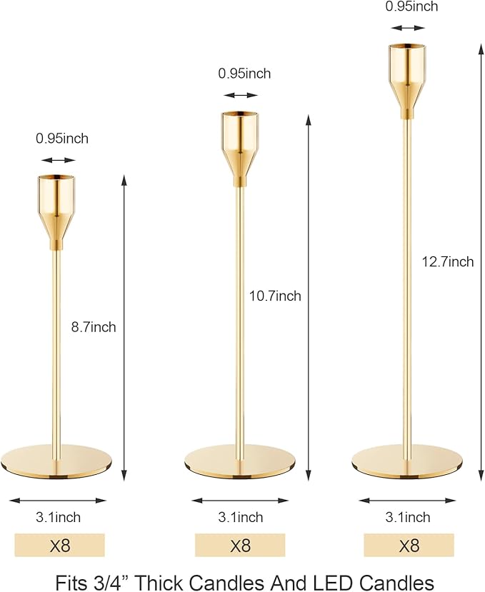 French Gold Taper Candle Holders Set of 12 Candlestick Holders Bulk，Metal Candle Stick Holder Decor for Wedding, Dinning, Party or Anniversary, Fits 3/4 Inch Thick Candle