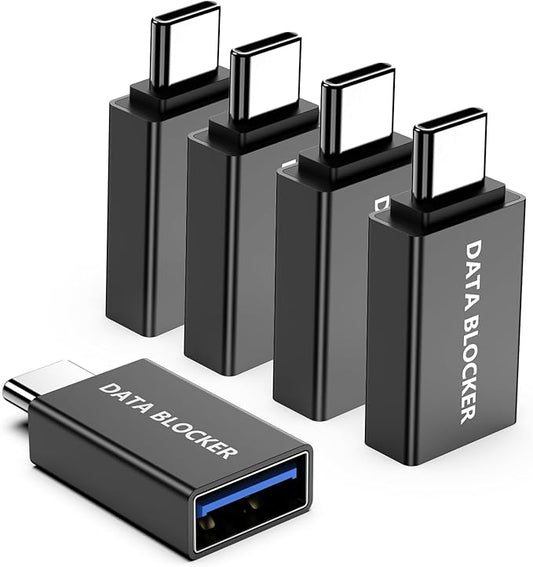 5Pack USB Data Blocker Adapter,USB C Data Blocker for iPhone 15 16 17 and for Android Phone or for ipad, C male to A female data blocker adapter Only for Charge, Protect Against Juice Jacking (Black)