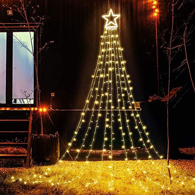 FUNIAO Christmas Lights, 320 LED String Lights with 12" Plastic Star Tree Topper, 8 Modes Outdoor Waterproof Christmas New Year Parties, Yard, Garden, Home Decor (Warmwhite)