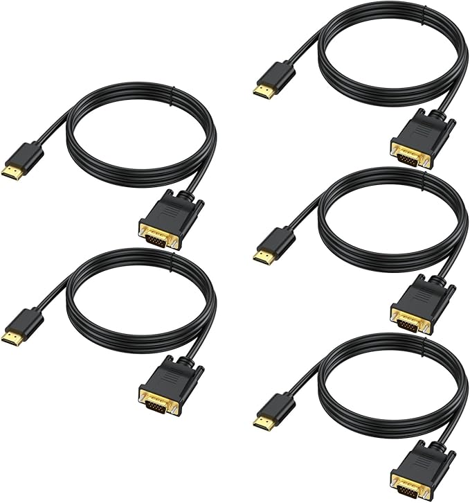 6ft HDMI to VGA Cable 5-Pack, 1080P HD Video, Compatible with Computer, Laptop, Monitor, Projector, HDTV