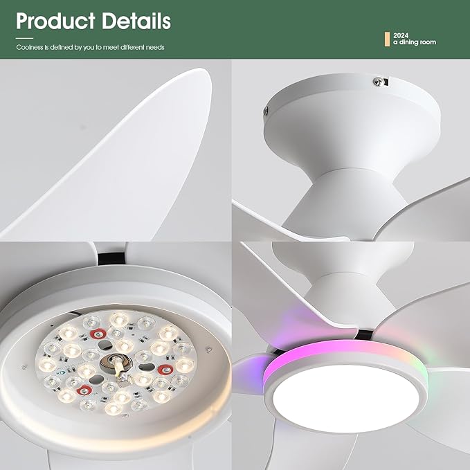 Ceiling Fans with Lights Remote/APP Control, 38" Low Profile Ceiling Fans with Dimmable White Colors+Ring RGB Lights, 6 Speeds 5 Reversible Blades for Kids Room Bedroom Living Room, White