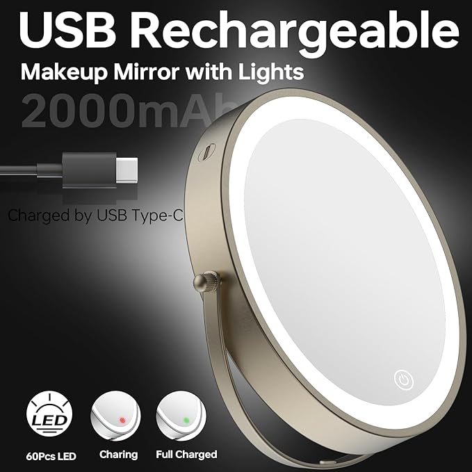 Rechargeable Lighted Makeup Mirror, 10x Magnifying Mirror, 3 Color Lights, Touch Screen Dimming, 360° Extendable Arm Wall Mounted Mirror for Bathroom Shaving (Brushed Nickel)