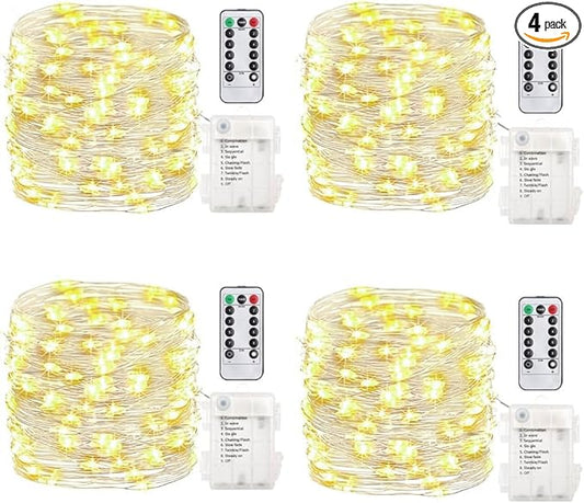 GDEALER 4 Pack 16.4 Feet 50 Led Fairy Lights Battery Operated with Remote Timer Waterproof Silver Wire Twinkle Christmas String Lights Outdoor Indoor 8 Modes for Bedroom Wedding Dorm Decor Warm White