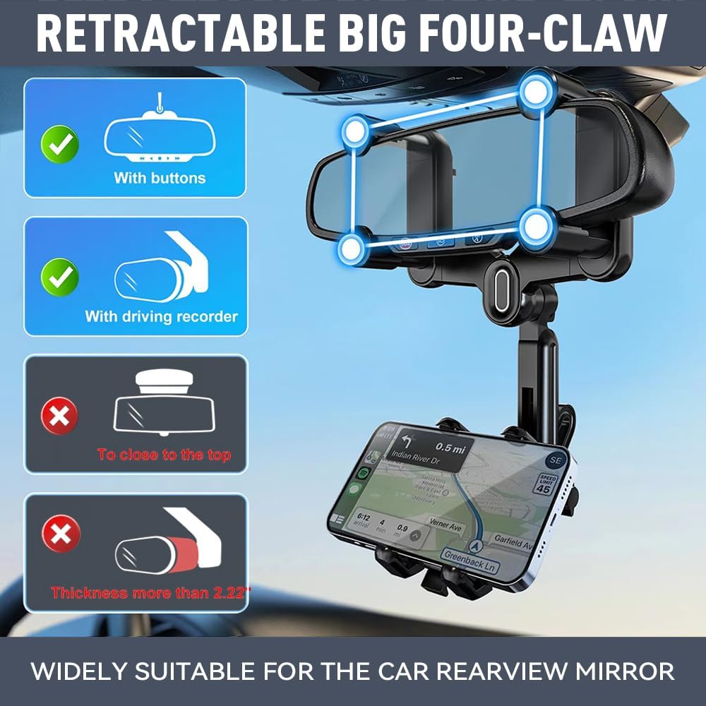 Rearview Mirror Phone Holder for Car, 360° Rotatable Anti-Shake Design for All Phones and Cars