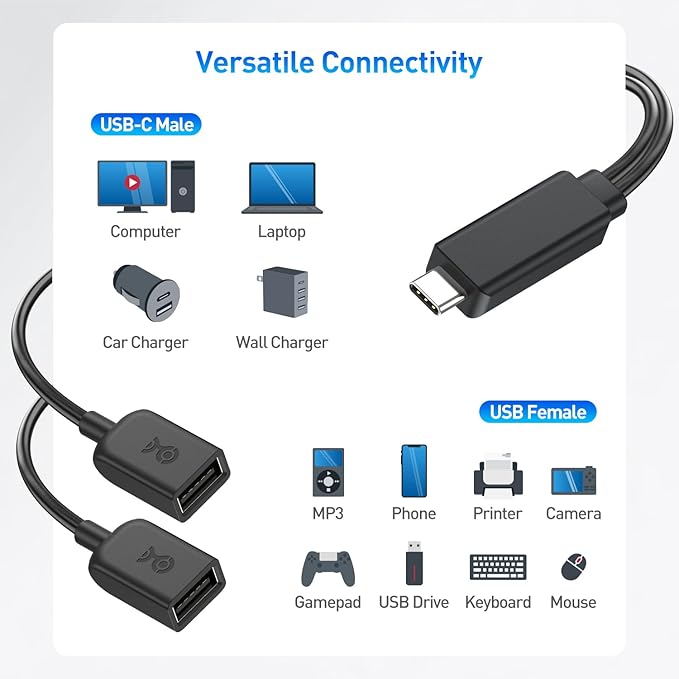 Cable Matters USB-C Male to Dual USBA Female Splitter 1 in 2 Out - 1ft, USBC to USB Splitter Hub with 480Mbps Data Transfer, BC 1.2 Charging Support