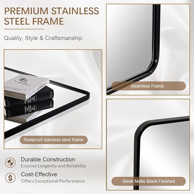 ANDY STAR Wall Mirror for Bathroom, 24x40 Inch Bathroom Vanity Mirror, Black Rounded Rectangle Mirror, Tube Iron Metal Wall-Mounted, Horizontal/Vertical