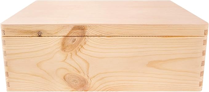 XL Wooden Storage Box with Hinged Lid | 15.8x11.8x5.5in (+-0.5) | Plain Unpainted Gift Box with Handles for Tool Toy Shoes Kitchen Clothes Jewelry | Rough & UNSANDED Wood