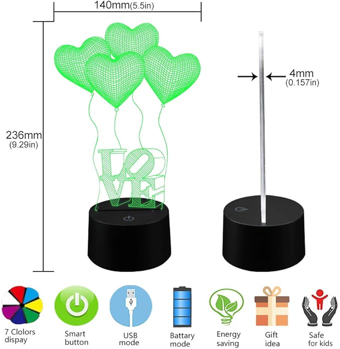 AZIMOM 3D Illusion Lamp 4 Love Heart Balloon Love Shape 16colors Night Light for Kid Touch Sensor &Remote Control USB Battery Power Bedside Desk Bedroom Home Decoration Boys & Girls Women Birthday