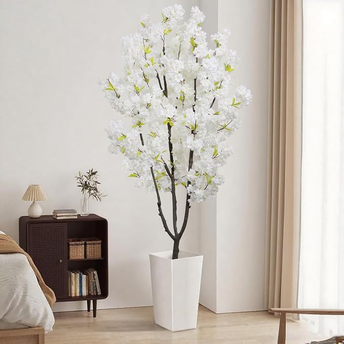 Faux White Cherry Blossoms Tree 6FT Flowering Tree Artificial Cherry Blossom Tree for Bedroom Home Decor