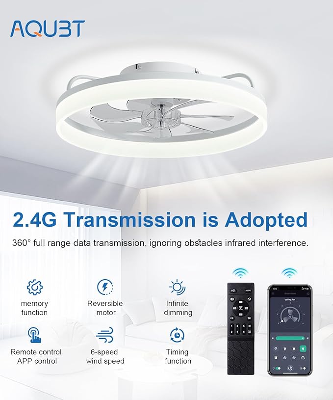 Ceiling Fans with Lights and Remote, 20" Modern Low Profile Ceiling Fan with Light, Stepless Color Temperature Change and 6 Speeds, Flush Mount Ceiling Fans for Bedroom, Kids Room.（White）