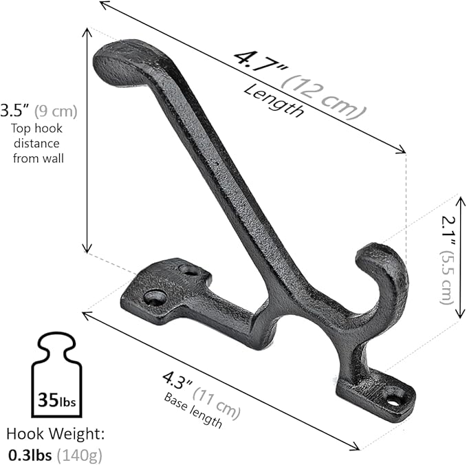 5 Pack Decorative Cast Iron Heavy Duty Double Hooks, Wall Mounted Coat Hooks, Vintage Inspired (Antique Black) (Type-7 Type)