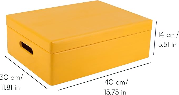 XL Yellow Wooden Box Storage with Hinged Lid | 15.8 x 11.8 x 5.5 inches (+-0.5) | with Handles | Gift Box for Tool Dog Toy Shoes Clothes Kitchen Storage Document | Wood Keepsake Chest
