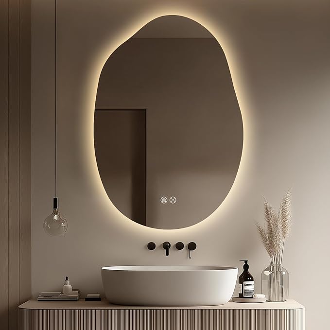 LED Light Bathroom Mirror 22x32, Stepless Dimmable Irregular Backlit Mirror with 3 Colors, Anti-Fog, Memory, Al-Alloy Lampshade, Frameless Makeup Mirror for Bathroom (Horizontal/Vertical)