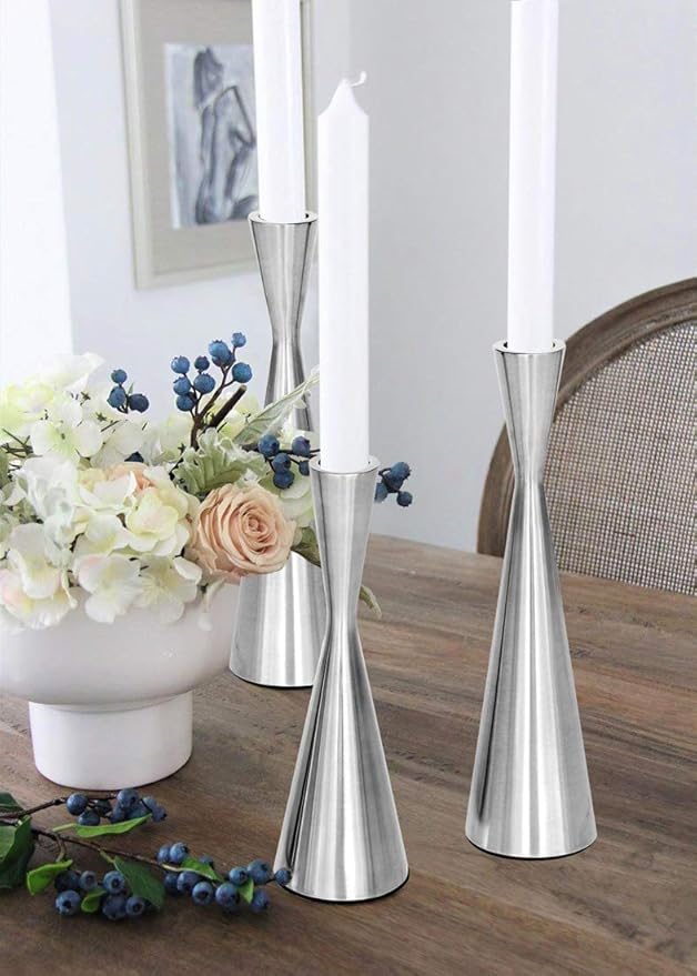 Vixdonos Taper Candlestick Holders Metal Candle Holders Set of 3 Table Decorative Candle Stand for Wedding, Dinning, Party,Home Decor (Silver)