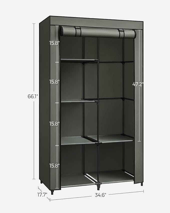 SONGMICS Portable Closet, 34.6 Inch Large Capacity Wardrobe Closet Organizer with Fabric Cover, Hanging Rods and Shelves, 34.6 x 17.7 x 66.1 Inches, for Bedroom, Living Room, Sage Green URYG084C02