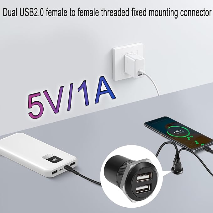 QIANRENON Dual USB2.0 Threaded Fixed Round Connector 2 USB2.0 Female to 2 Female Panel Mount Adapter Dual USB2.0 Flush Mount Socket, for Data Transfer/Charge External USB Auxiliary Device