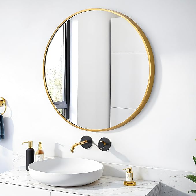 24" Round Mirror Circle Wall Mounted Hanging or Against Wall Metal Frame Dressing Make-up Mirrors for Entryway Bedroom Bathroom Living Room 24 inch Gold