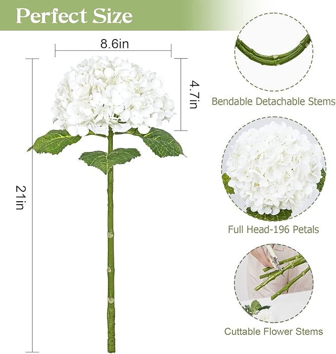 Waipfaru 21" Real Touch White Hydrangea Artificial Flowers with Long Stem & Leaves, Full Latex Faux Hydrangea Flowers for Home Party Decor Floral Arrangements Wedding Bouquets Centerpieces, 2Pcs