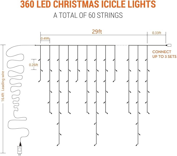 Brizled Color Changing Icicle Lights, 29ft 360 LED Christmas Icicle Lights with Remote, 11 Modes Cool White & Multicolor Xmas Lights for Xmas Wedding Home