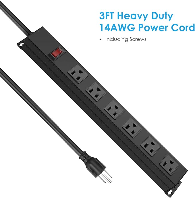 4Pack Metal Wall Mount Power Strip, Mountable Power Outlet with 6 AC Outlets, Aluminum Alloy Mount Power Socket with Switch, 6 FT SJT 3/C 14AWG Power Cord, 15A 125V 1875W (6AC)