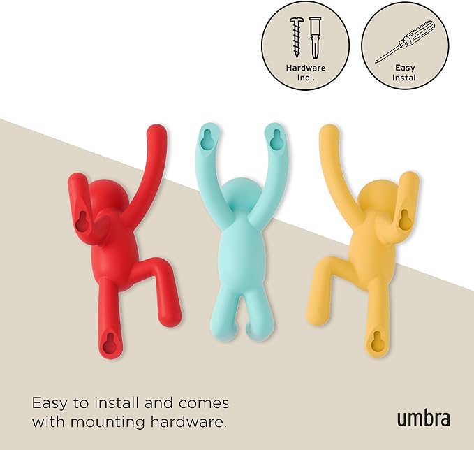 Umbra Buddy Wall Hooks – Decorative Wall Mounted Coat Hooks for Hanging Coats, Scarves, Bags, Purses, Backpacks, Towels and More, Set of 3, Bright Multicolored