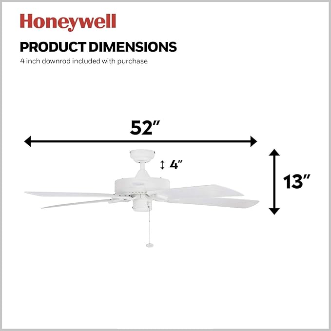 Honeywell Ceiling Fans Belmar 52 Inch Ceiling Fan Without Light, Outdoor Ceiling Fan with Pull Chain, Tri-Mount Traditional 5 Blade Design, ETL Wet Rated, White (50198-01)