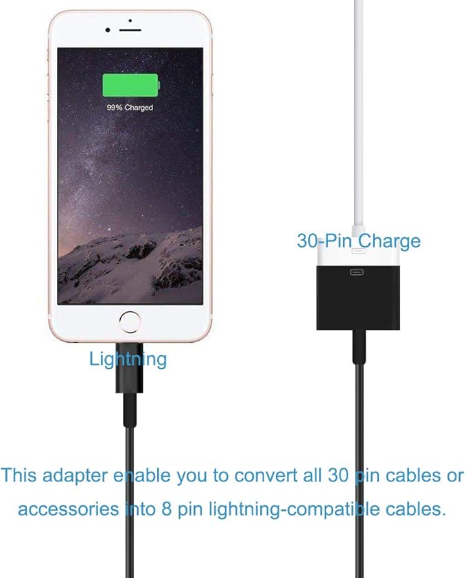 rosyclo Lightning to 30-Pin Adapter, MFi Certified 8-Pin Male to 30 Pin Female Output Cable Converter Charging Cord Connector Compatible iPhone 12/11/X/8/7/6/5/iPad/iPod Black (No Audio)