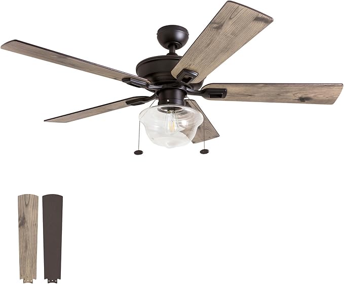 Prominence Home Abner Modern Farmhouse 52 Inch Ceiling Fan with Light, Outdoor Fan/Indoor Tri-Mount LED Ceiling Fan with 5 Blades, Silver Oak and Maple Brown Blade Finish Options, Bronze (80091-01)