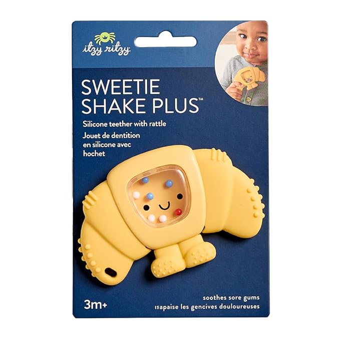 Itzy Ritzy Silicone Rattle Teether– BPA-Free Silicone Teether with Rattle for Babies & Toddlers – Features a Gentle Rattle Sound, Colorful Beads & Multiple Textures (Croissant)