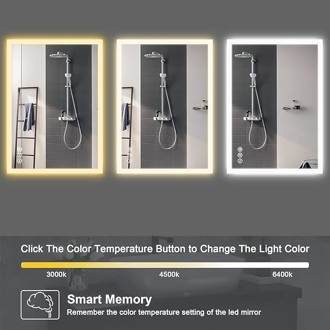 Lighted Bathroom Makeup Mirror,20x28 Inch LED Wall Mount Frameless Rectangle Smart Bathroom Mirror with Touch Button Horizontal/Vertical,Anti-Fog