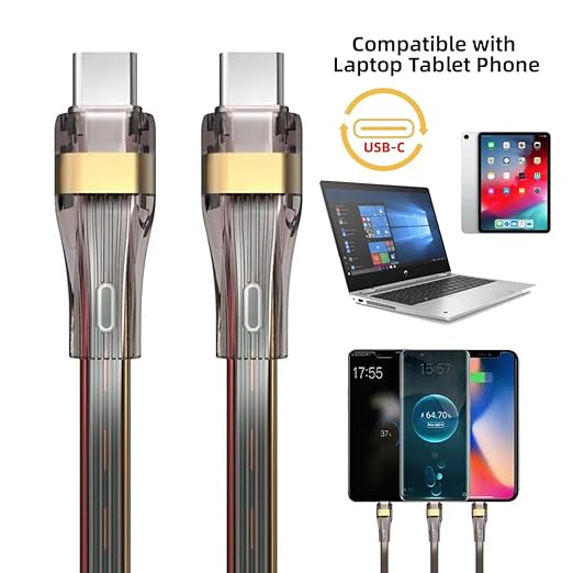 NFHK USB-C Type C to USB-C Ultra Slim Flat Power USB2.0 Data Cable 65W Fast Charge for Laptop Tablet Phone 100cm