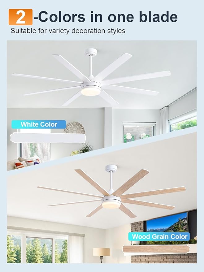 YUHAO 72 Inch White Ceiling Fan with Light and Remote Control.Noiseless,Dimmable,3CCT,6 Speeds Reversible, DC Ceiling Fans for Indoor or Covered Outdoor