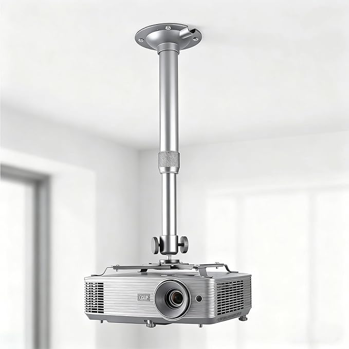 Projector Ceiling Mount with New Gimbal, Adjustable Length Projector Mount, ¼-Inch Screw, Compatible with Most Projectors, Ceiling/Wall Use with Adjustable Angle (Dark) (Silver)