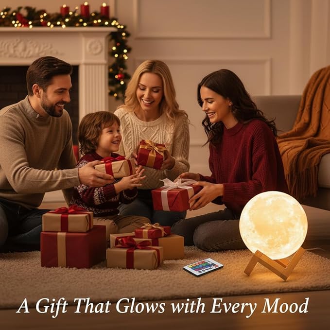 Mydethun 16-Color 3D Moon Lamp, 148 Lighting Modes, 5.9" Rechargeable Dimmable Night Light with Remote & Wooden Stand – Unique Gift for Women, Mom, Kids, Bedroom, Thanksgiving Table & Christmas Décor