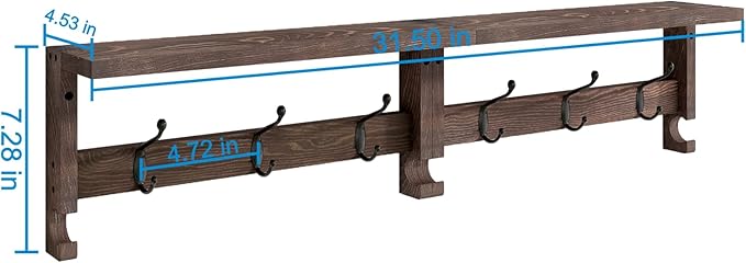 Coat Hooks, Wood Rack Wall-Mounted, 31.5 Inch Entryway Shelf with 10 Hooks (Brown)