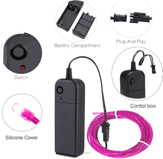 MaxLax EL Wire Purple, 9.8ft/3m Portable Battery Pack Neon Light Strip 360° Cuttable Glowing Rope Lights for Parties, Halloween, DIY Decoration