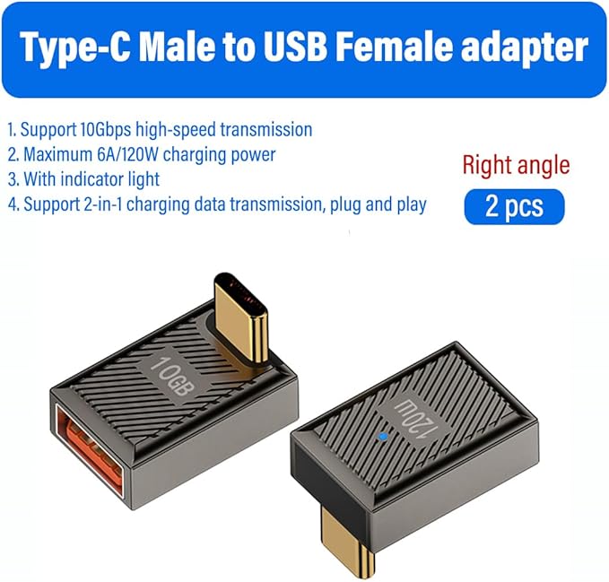 2 Pack 90 Degree Right Angle USB-C to A Adapter,10Gbps 120W Fast Charge OTG with LED,for Smartphone,Laptop,Power Bank (Positive Bend USB-C to USB-A with LED Indicator)