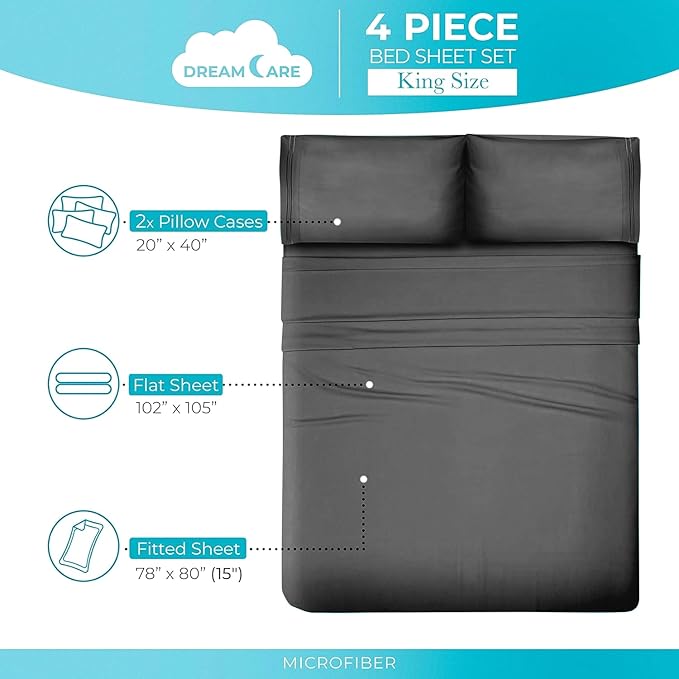 DREAMCARE Twin Sheets - Cooling Bed Sheets - 4pcs Set - up to 15" Deep Pocket Twin Bed Sheets - Twin Sheet Set - Soft Lasting 100% Fine Brushed Polyester with Side Pocket - D.Gray