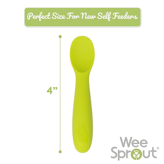 WeeSprout Baby Spoons for Self Feeding 6 Months +, Soft & Durable Silicone Utensils for Sensitive Gums & Teeth, Easy Grip Handles & Shorter Length for Little Hands, 3 Pack + Carrying Case