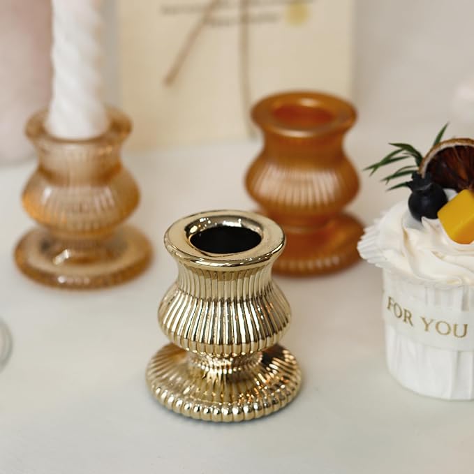 WDHODEC Gold Candlestick Holders 12PCS Glass Taper Candle Holders for Table Centerpiece Colorful Candle Sticks for Wedding, Party and Festival Decoration