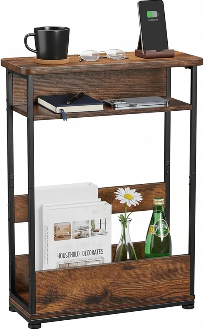Vintage Narrow Side Table with Storage Shelf, 3 Tier Slim End Table Modern Sofa Table for Narrow and Small Spaces, 24.6 Inch Height Bedside Table Small Nightstand with Magazine Rack/Brown