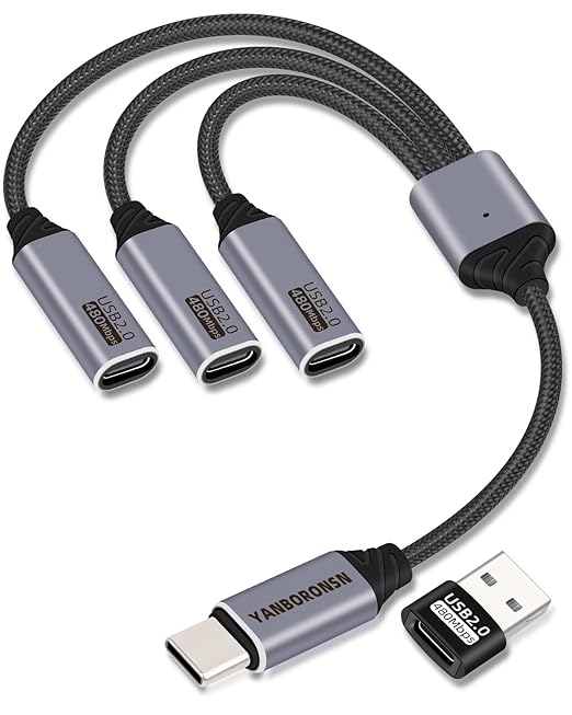 USB C Splitter Cable 3 Port 1 Male to 3 Female,1 in 3 Out USB C Extender Hub Data & Power Charging USB 2.0 Extension Cable for Car,Laptop,Keyboard,Mouse(25CM)