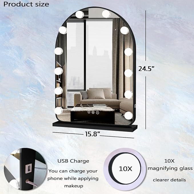 Hollywood Arch Black Vanity Makeup Mirror with Lights 12 Bulbs Dimmable 3Color Black Lighted Vanity Mirror for TableTop Wall Detachable Base X10 Magnifying Arch Makeup Desk Mirror with Lights