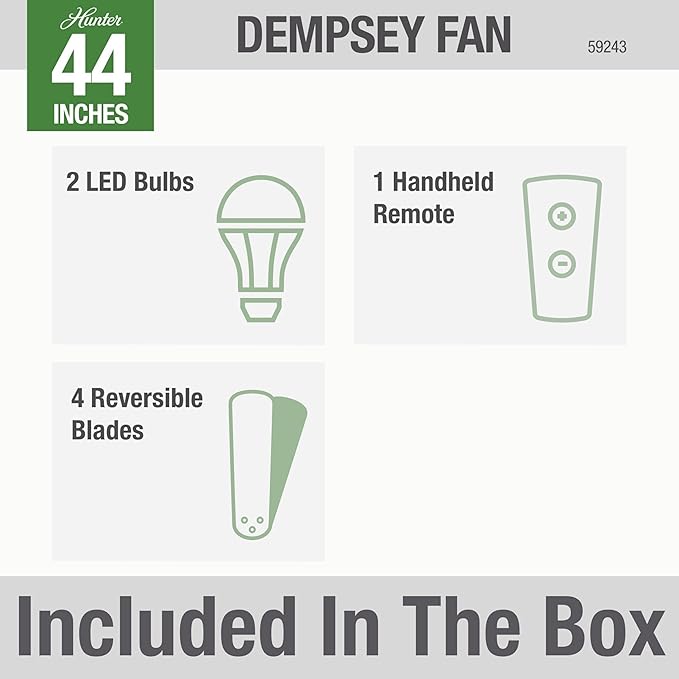 Hunter 44 inch Indoor Ceiling Fan with LED Light and Remote Control - Modern Ceiling Fan, Low Profile Mount, 4 Black Oak Blades, For Bedroom, Living Room, or Kitchen - Dempsey 59243, Brushed Nickel