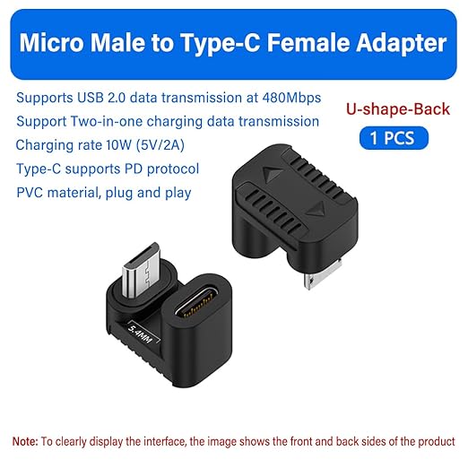 2 pcs Type-c to Micro USB Power Data Adapter.usb2.0 (5V2A) 10W 480Mbps USB C femle to Micro USB Male Charging Convertor Adapter 180 Degree U-Shaped Angle for Tablet & Mobile Phone