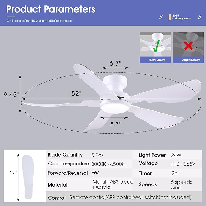 52 Inch Modern Ceiling Fans with Lights, Flush Mount Ceiling Fan with Light and Remote/APP Control, 5 Reversible 6 Speeds Curved Blades, 3 CCT Dimmable Lights for Bedroom, White