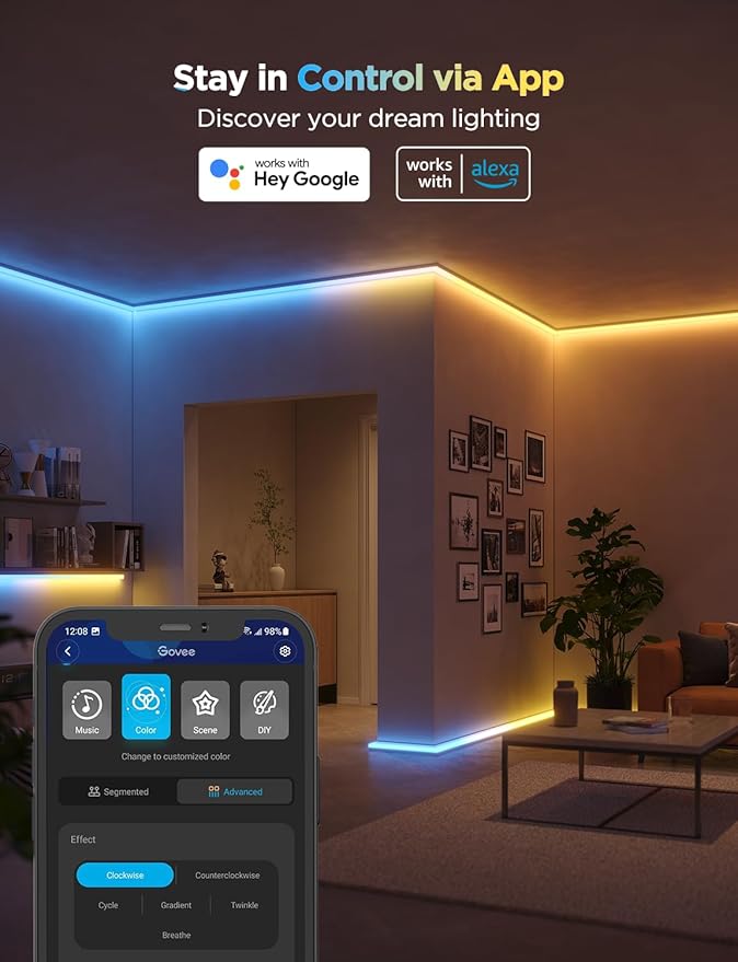 Govee RGBIC LED Strip Lights 16.4ft with Covers, Smart LED Lights for Bedroom Work with Alexa and Google Assistant, LED Diffuser Channel with Srtip Lights, Skirting Lines, Studio, Cabinet