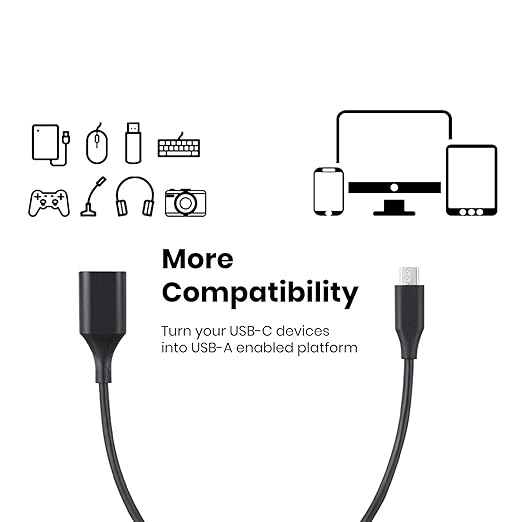 Perixx PERIPRO-403 USB Type-C Male to USB-A Female 1ft. Cable - USB2.0 Spec for Keyboard and Mouse Connection with Smartphone, Laptop, and Tablet - Black