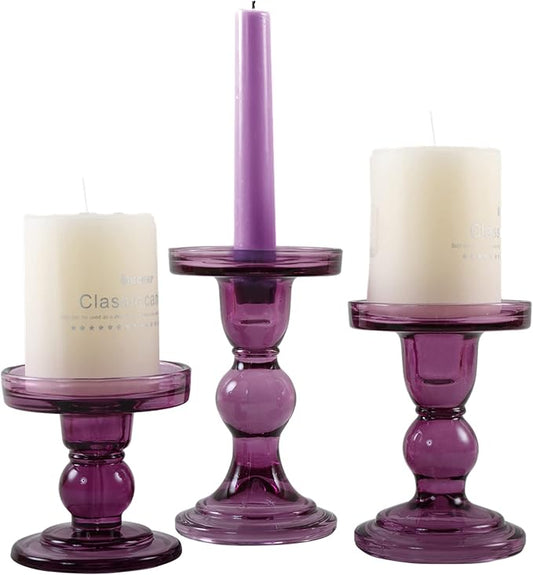 GMWD 3 Pcs Glass Candle Holder Set Clear, Purple Candlesticks Holders Pillar Taper Candles Tealight Stand for Wedding Centerpieces Home Decorations Dining Table