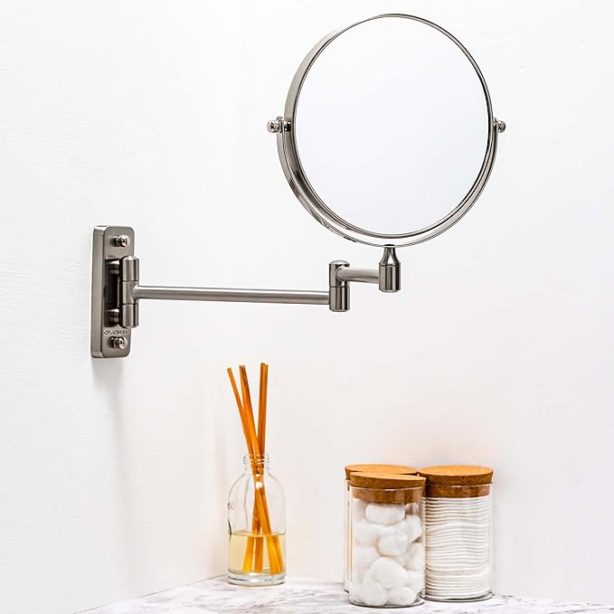 OVENTE 7" Wall Mounted Makeup Mirror with 1X/10X Magnification, Double Sided Magnifying Round Bathroom Vanity Mirror, 360° Swivel Design, Extendable and Folding Arm, Nickel Brushed MNLFW70BR1X10X